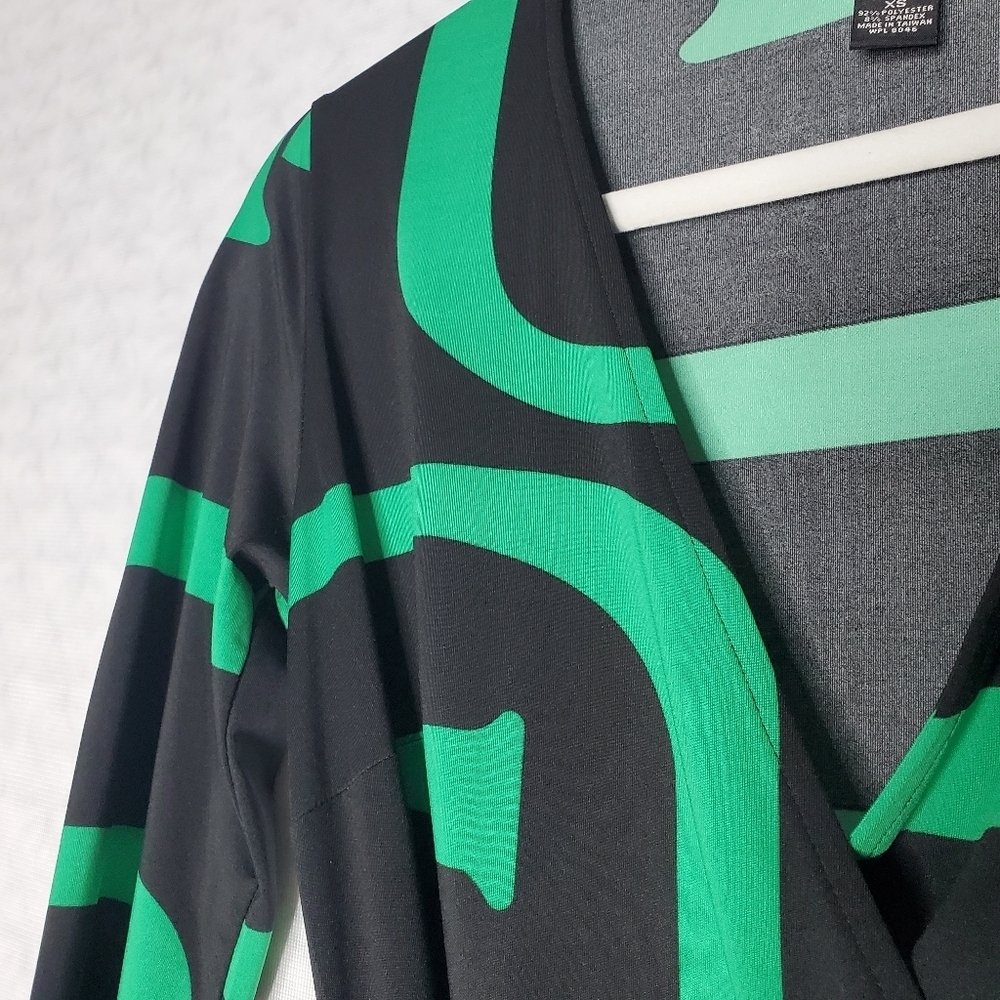 INC Black and Green Midi Wrap Dress with Belt - Picture 2 of 4